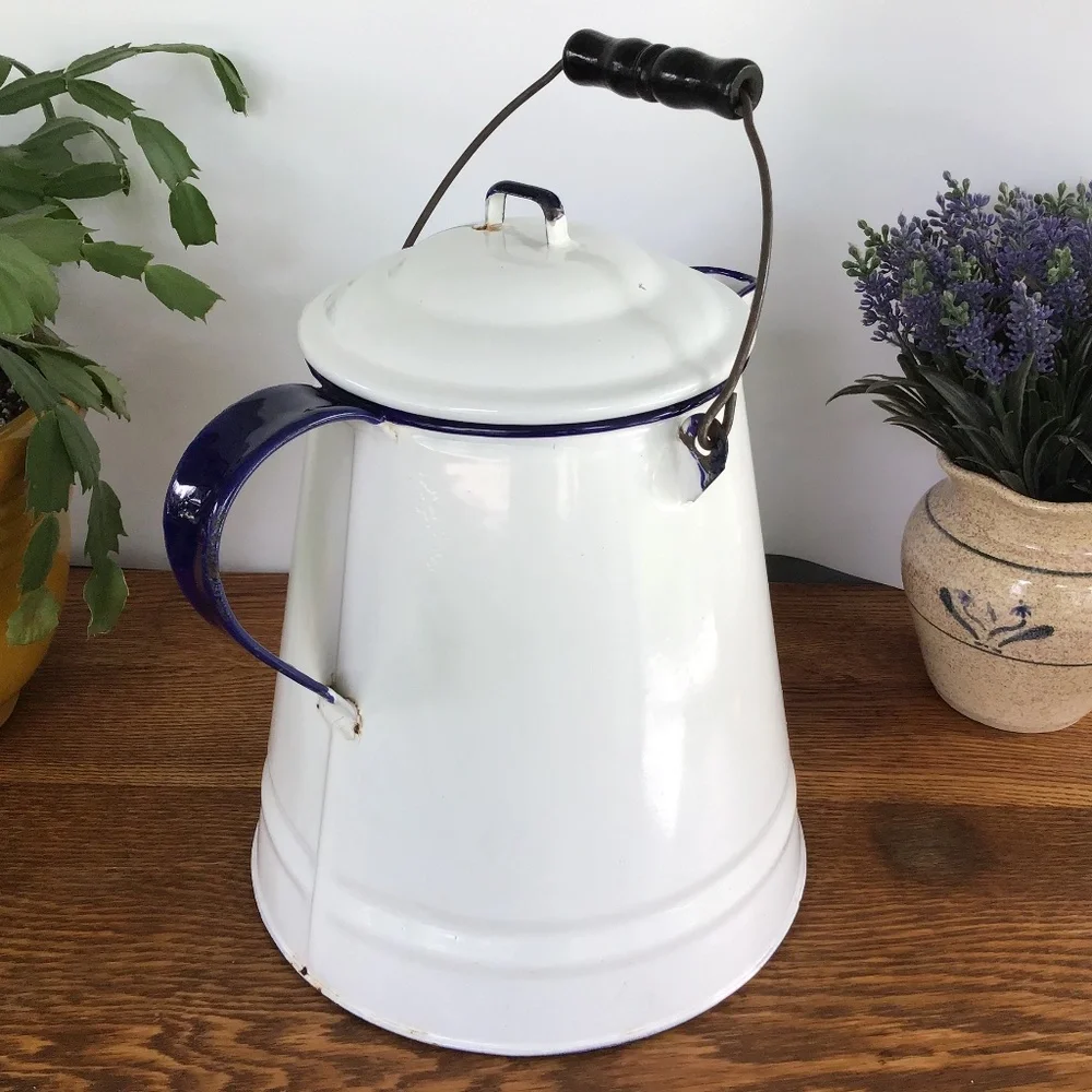 Vintage Enamel White & Blue Coffee Pot & Lid Kettle Enamelware Rustic Antique